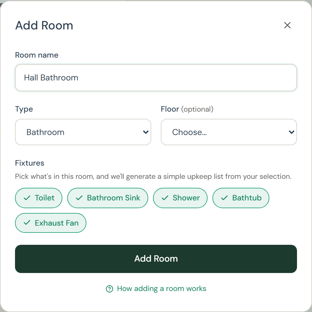 The Add Room form with a name filled in, Bathroom selected as the type, and its default fixtures (toilet, sink, shower, bathtub, exhaust fan) pre-selected.