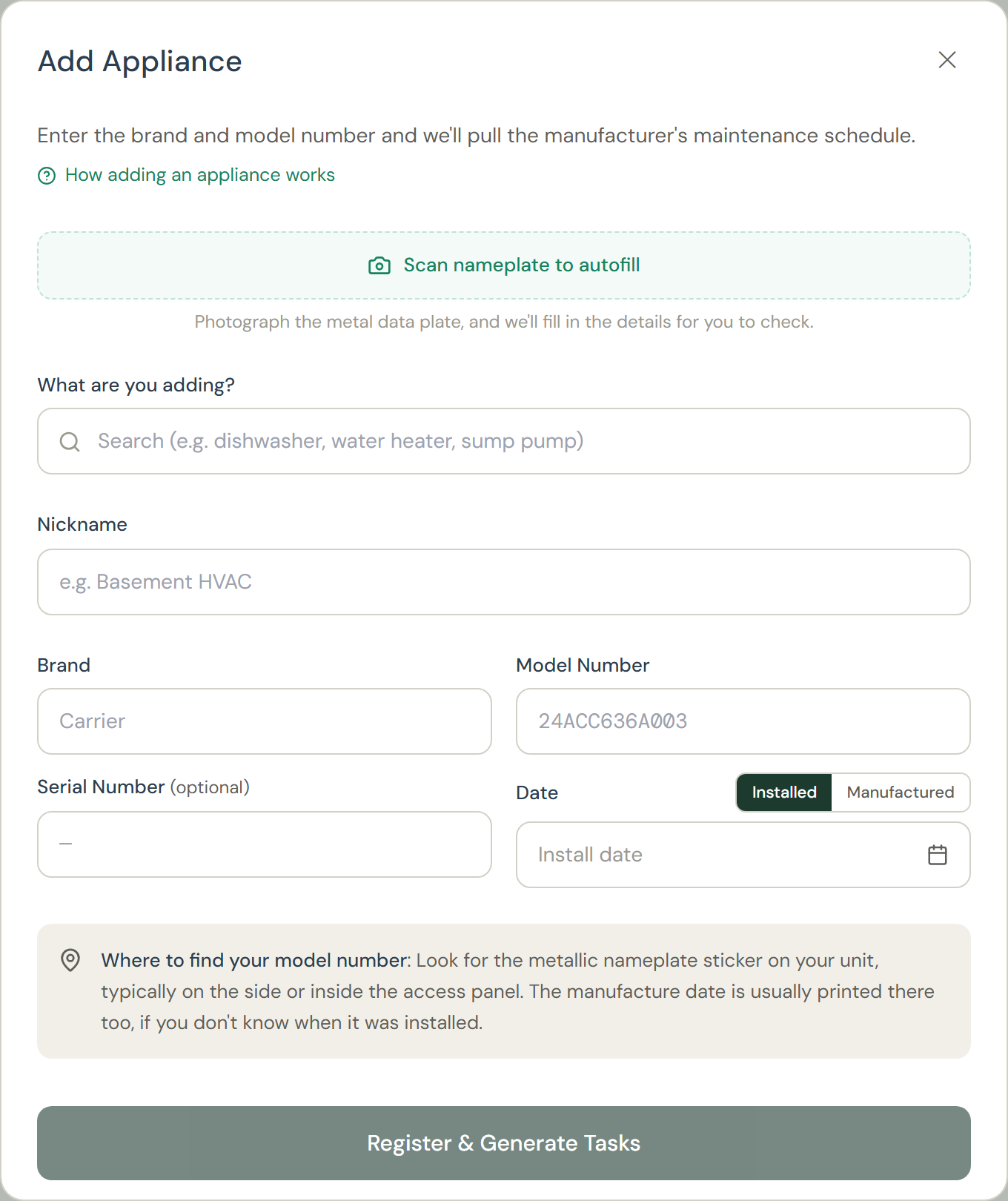 The Add Appliance form, with the scan-nameplate button at the top and fields for type, nickname, room, brand, and model number.