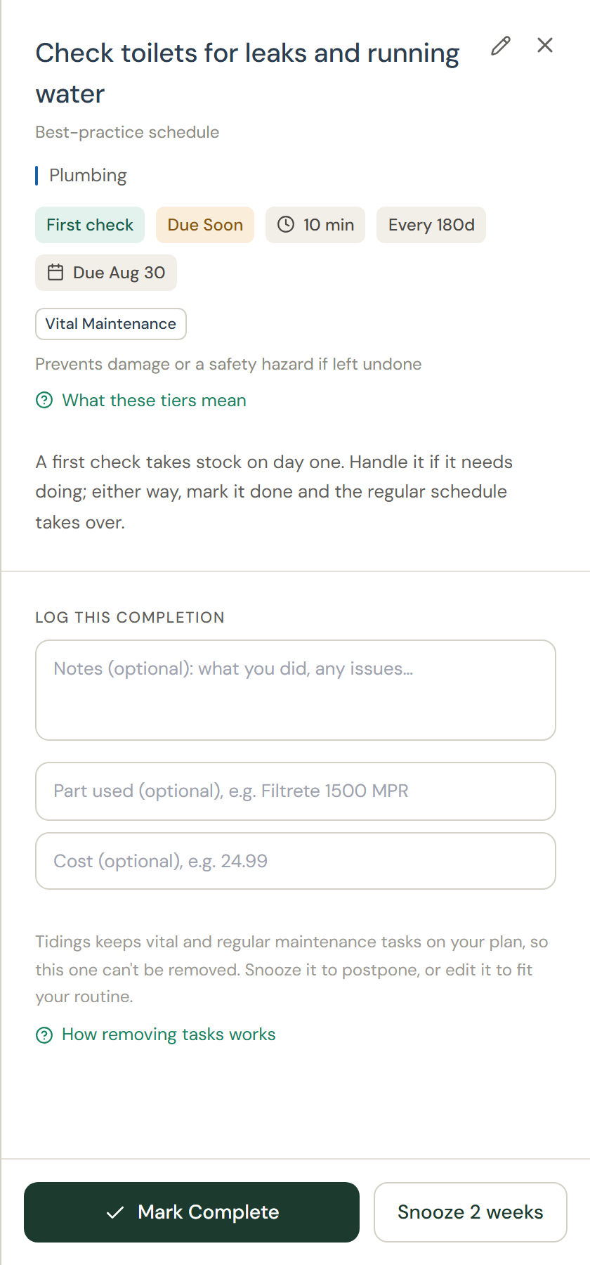 The open task drawer, showing the task's badges, the notes, part-used, and cost fields, and the Mark Complete button at the bottom.